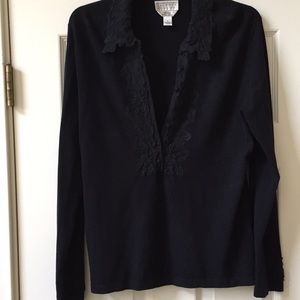 Talbots Black pullover with lace front and collar